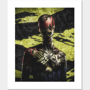 The Dummy // Mannequin covered with graffiti tags. Black and yellow camouflage background Posters and Art